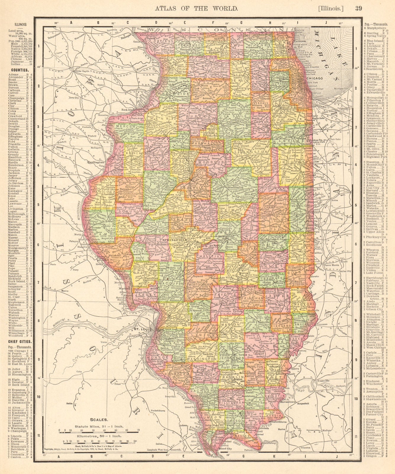 Illinois state map showing counties. RAND MCNALLY 1906 old antique chart